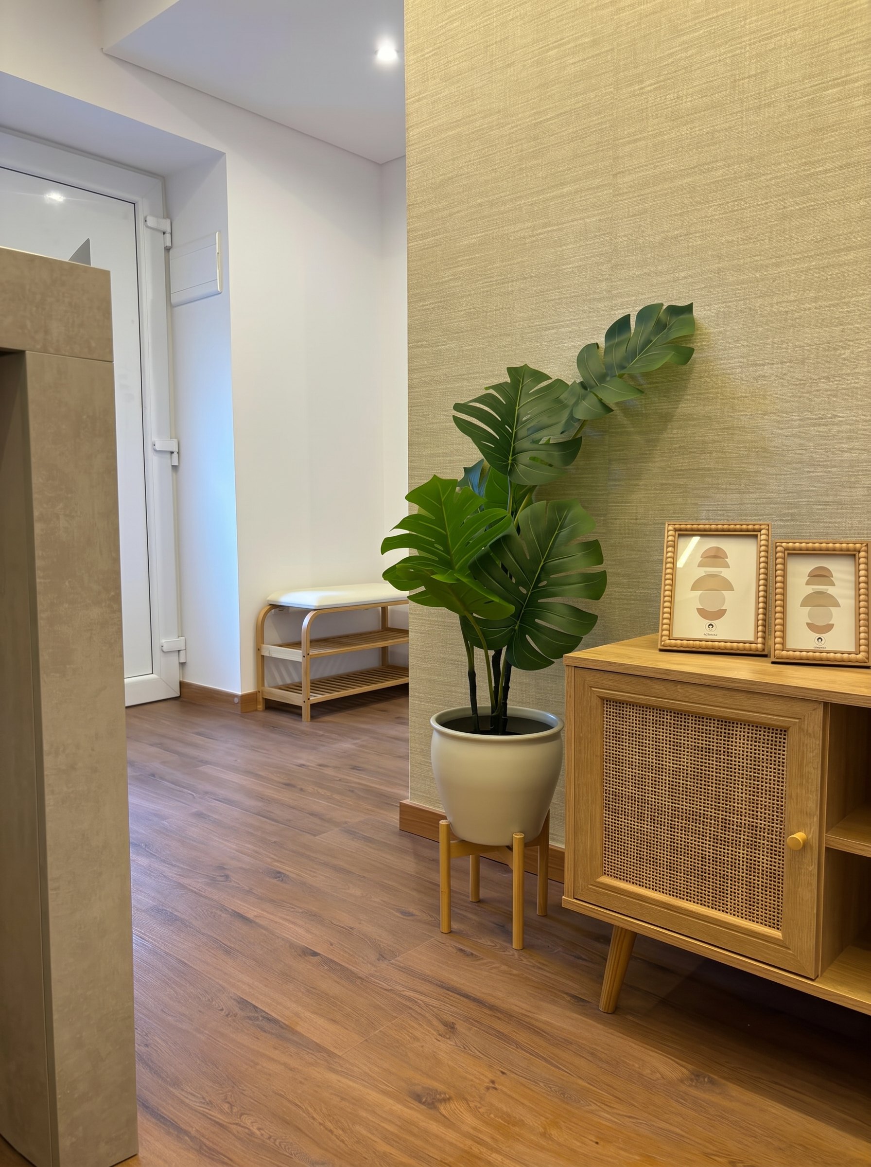 Entrada com aparador em cana, banco de sapatos e planta